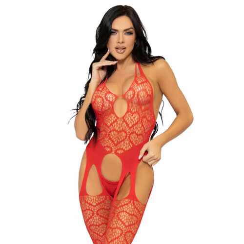 LEG AVENUE - BODYSTOCKING DE RED CON TIRANTES TALLA ÚNICA - ROJO